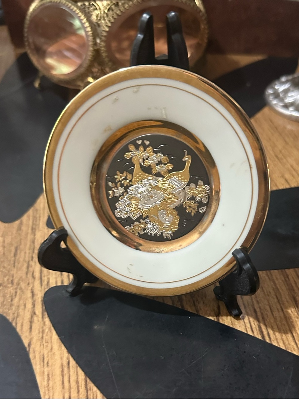 Vintage Peacock mini plate - 24k edged